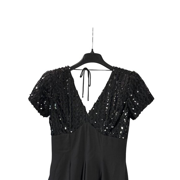 Vintage 80s Karen Okada Black Mini Dress Sequins V-Neck Size 7/8 Fit & Flare - Picture 2 of 9